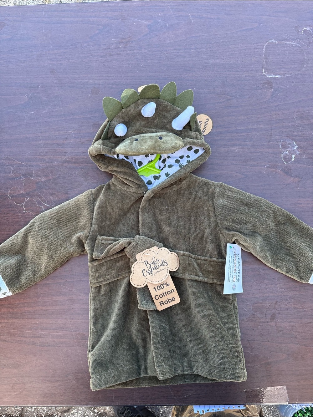 Baby Essentials Olive Dino Hooded Cotton Robe